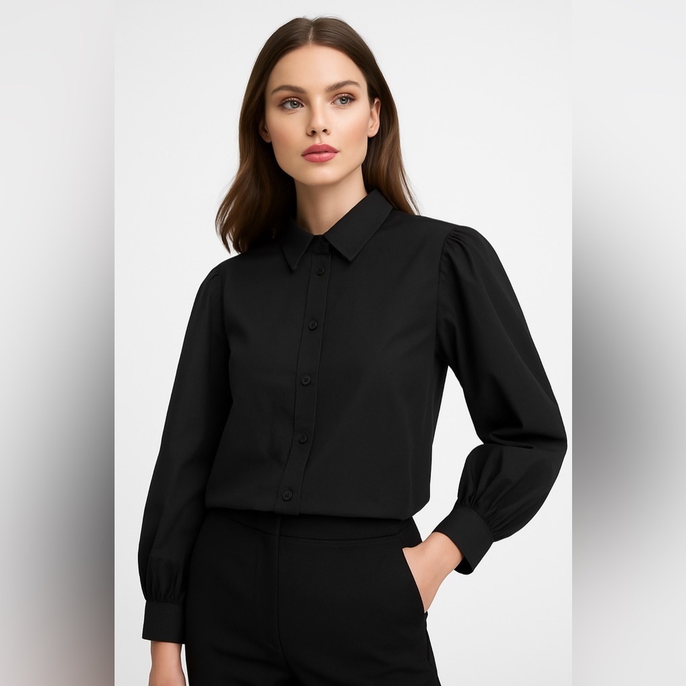 Everlane Organic Cotton Black Puff Sleeve Blouse Prep Shirt Quiet Luxury 4